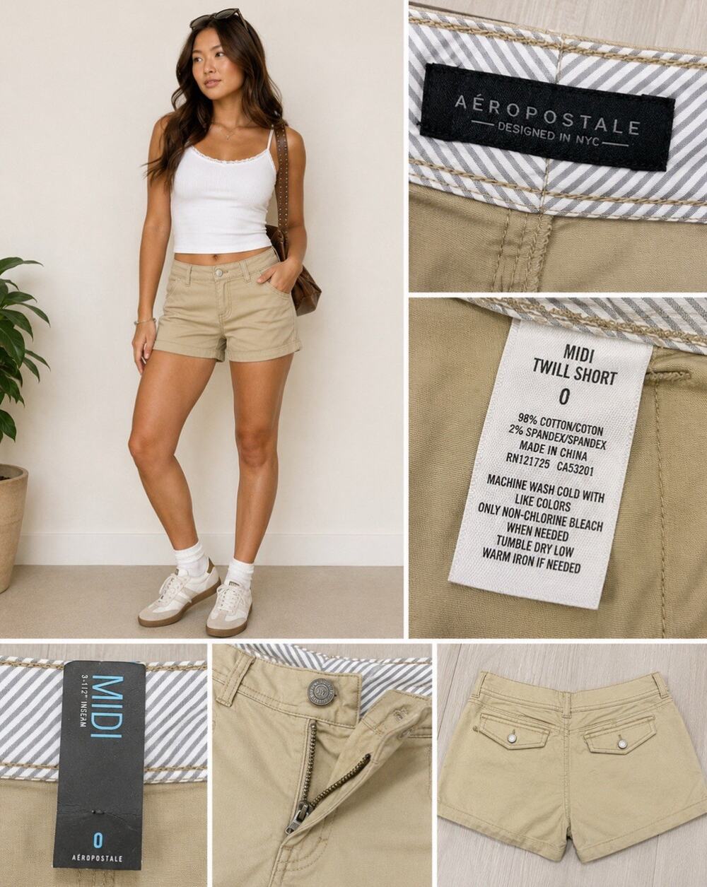 NWT Aeropostale Midi Twill Shorts Size 0 Khaki Cotton Preppy Beachy Summer